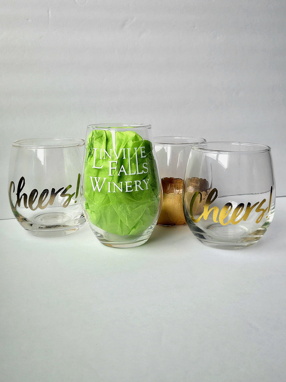 3/10$ - Stemless Wine Glass Lot 4pc Linville Falls Winery Cheers Gold Metallic